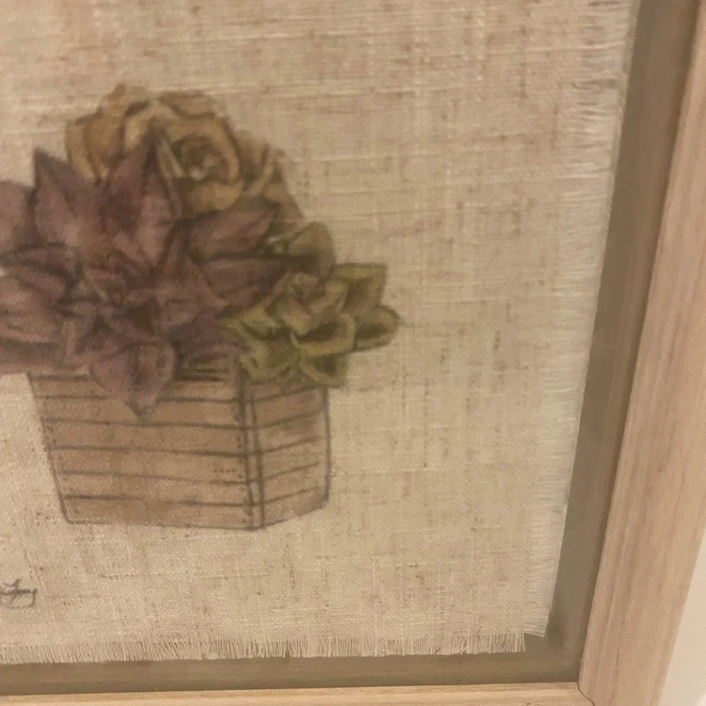 Vintage Signed Textured Fabric Botanical Wall Art with Natural Wood Frame 7”x 7”